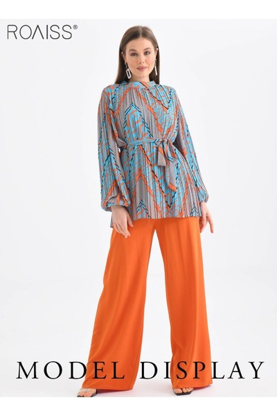 ROAISS 2-Piece Fashionable Casual Suit For Women Printed Pleated Waist Long-S...