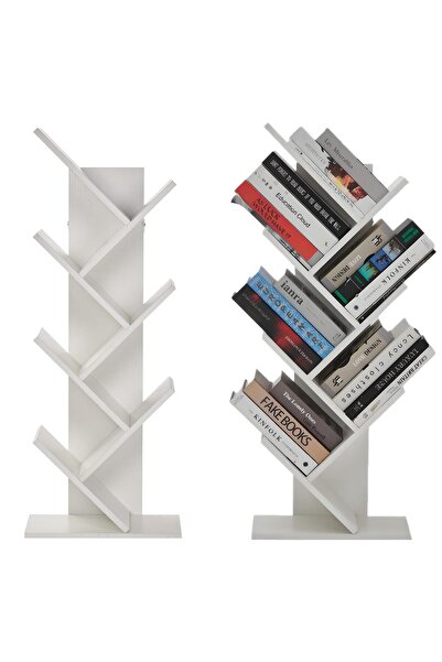 Garvee 5-Tier Tree Bookshelf, White Textured Wood Design Desk Shelf, Small Sp...