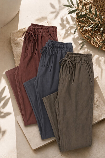 COMBİNE MİCHAİL Men's 3-Piece Loose Linen Trousers with Elastic Waist