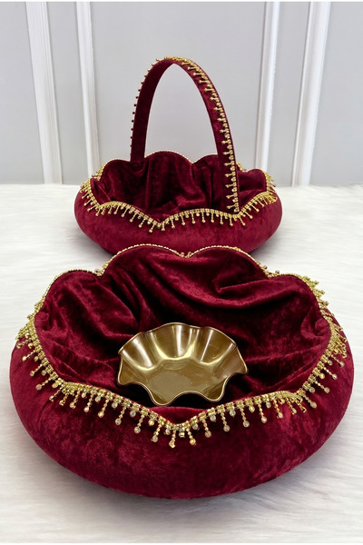 ZEYMERADE Burgundy Bridal Henna Night Tray Basket Set with Velvet Shiny Stone...