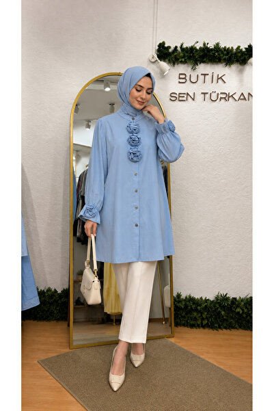 YAREN CLARA Blue Rose Detailed Judge Collar Shirt Yrn-45