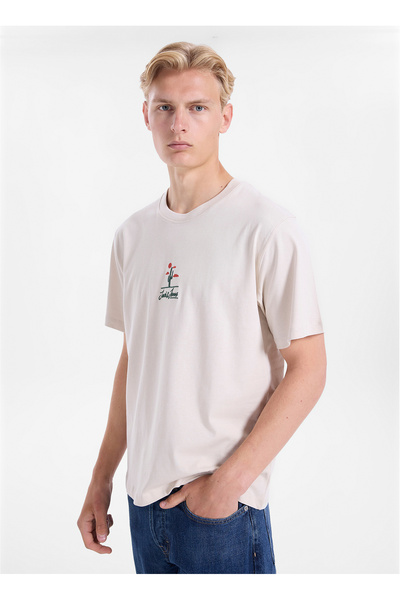 Jack & Jones Ekru Erkek Regular Fit Nakışlı T-Shirt 12288513 JORCACTUS TEE SS...