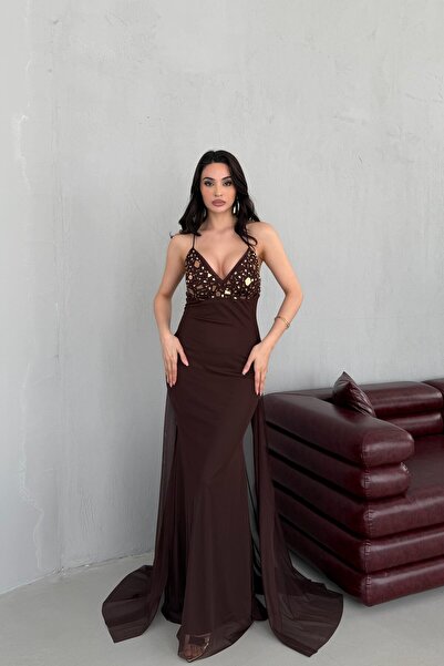 Serica Moda Kahverengi Askılı Göğsü Taş Detaylı Tül Abiye Elbise