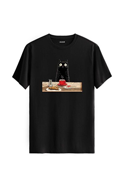 Colermi Breakfasting Black Cat Design T-Shirt