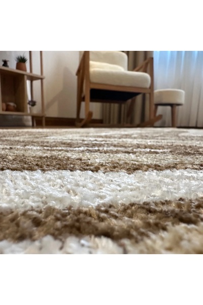 TÜRKERİ Çift Taraflı Amorf Bej Kahve Modern Salon Halısı Yıkanabilir Dekoratif Halı