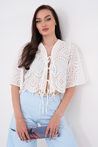 ŞİMAL Kadın Bağcık Detaylı Brodeli Bluz - 260461