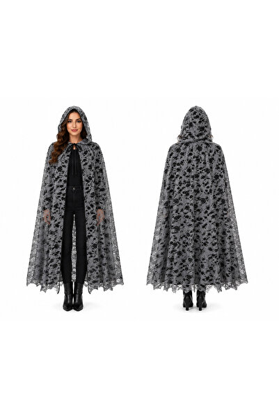 PARTİPORT Halloween Torn Look Gray Hooded Cloak Ghost Zombie Costume Cloak Ad...