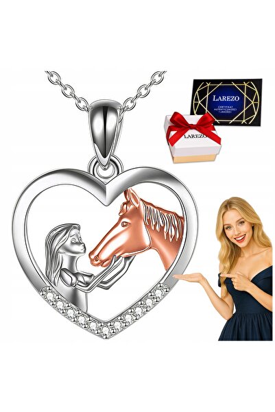 Larezo 925 Silver Necklace, Heart Pendant With Horse And Zircons For Girls, I...
