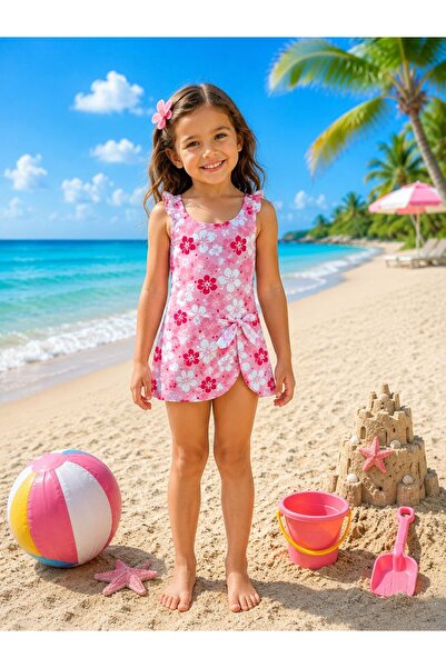 Kuzucuk Kids Bebek Çocuk Butik Kız Çocuk Pembe Çiçek Desenli Etekli Mayo 3-7 ...