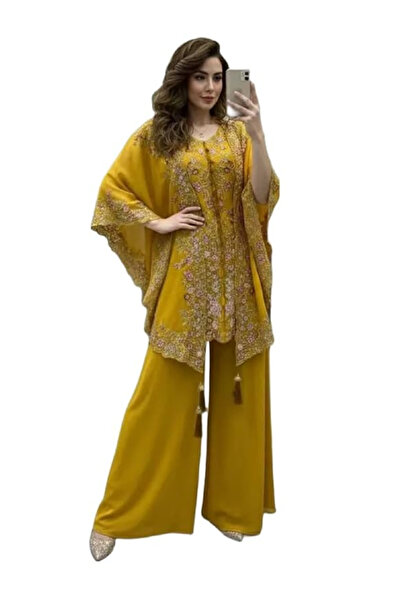 MYSMAR Yellow Faux Georgette Kurta Palazzo Set with Sequin Work - HRT8193 | Y...