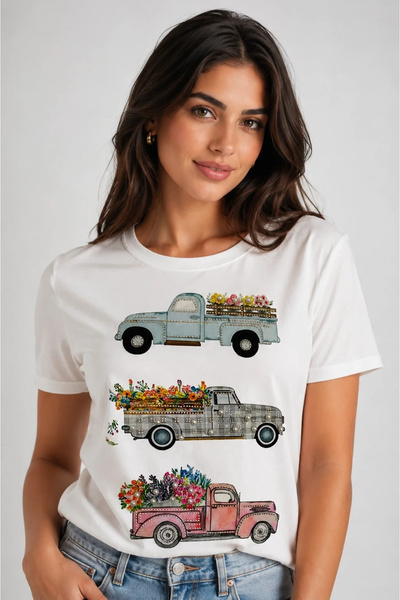 bysoca Women's White Crew Neck Short Sleeve Car Printed Floral Pearl Stone Em...
