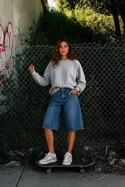 Denvy Denim Kadın Orta Mavi Baggy Capri Jean Pantolon