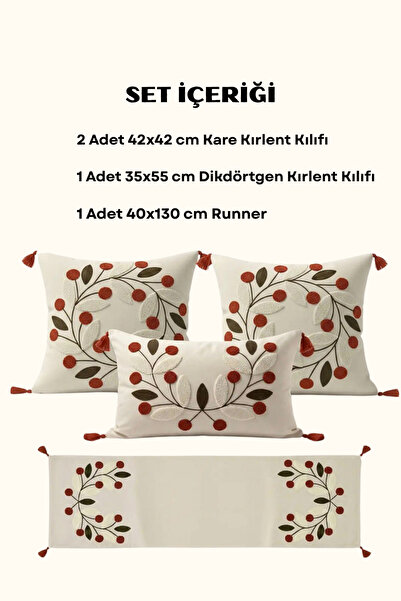 Valmia Home 4'lü Dekoratif Punch Nakışlı Püsküllü Kırlent Kılıfı ve Runner Se...