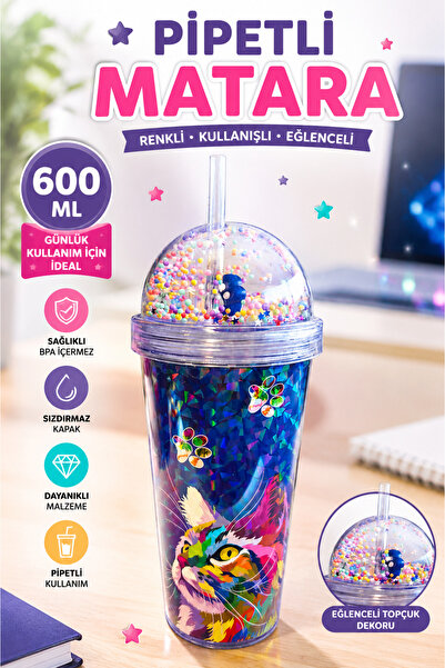 Funny Life Lively Kedi Figürlü Pipetli ve Çift Katmanlı Mika Çocuk Bardağı 60...