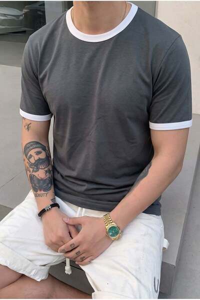 VACHT Men's Regular T-Shirt with Crew Neck and Sleeve Trim in Gray