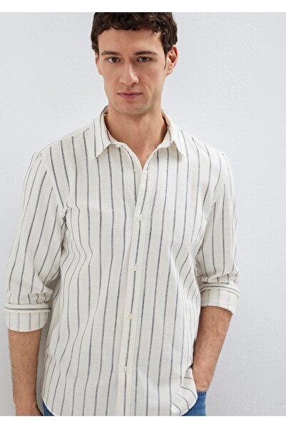 Mavi Navy Blue Striped Linen Blend Regular Fit Shirt.