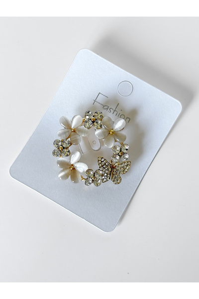 FASHİON JEWELRY Zirkon İşlemeli Kelebekli Sedefli Papatya Broş