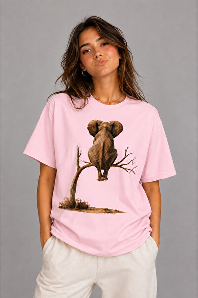 VODEXA Women's Oversize T-Shirt Elephant in the Brush Printed 100% Cotton T-S...