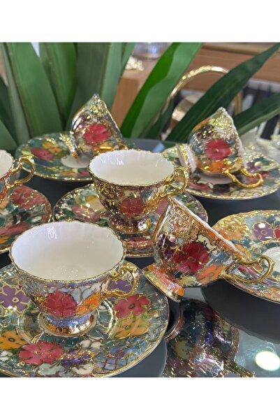 BY.RAYKA PORSELEN El Dekor Ipek Triya Porcelain Hand-Painted 6-Piece Cup Set