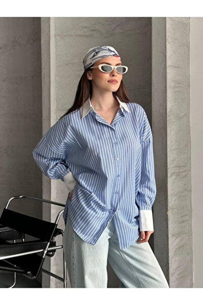 Royteks Fashion Kadın Çizgili Oversize Poplin Gömlek