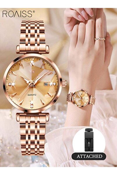 ROAISS Women's Steel Strap Quartz Watch Round Gold Dial Diamond Cut Mirror Wa...