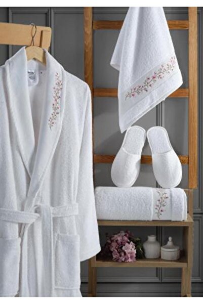 Alhabib bedding Zain Turkish Cotton Embroidered White Bathrobe Set 5 Pieces