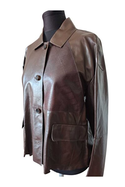 asus deri Women's Genuine Leather Crocodile Texture Embellished Brown Shirt C...