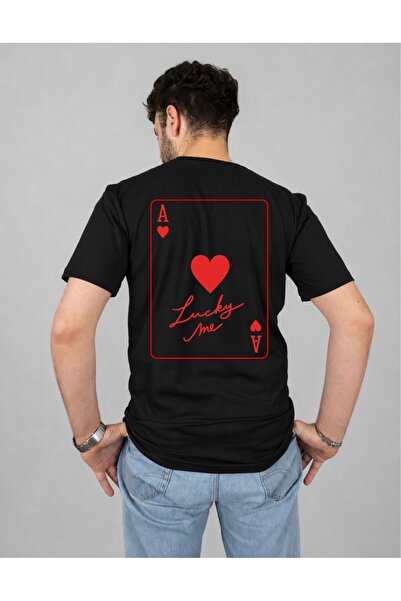 Krays Lucky Me Playing Card Design Unisex Cotton T-Shirt - Red Heart Print Bl...