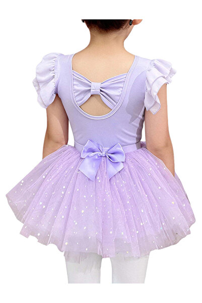 SOLLUXE Costum balet si gimnastica fete, body bumbac cu fusta tutu mov - 130 cm