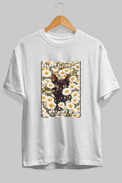Ankhises For the Sake of Cat Love 121 Front Cat Printed White Oversize T-Shir...