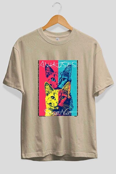 Ankhises For the Love of Cats 67 Front Cat Printed Beige Oversize T-Shirt 100...