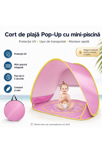 Floopy Cort de plaja bebe, roz, pop-up, cu piscina si protectie UV, 115 x 80 ...