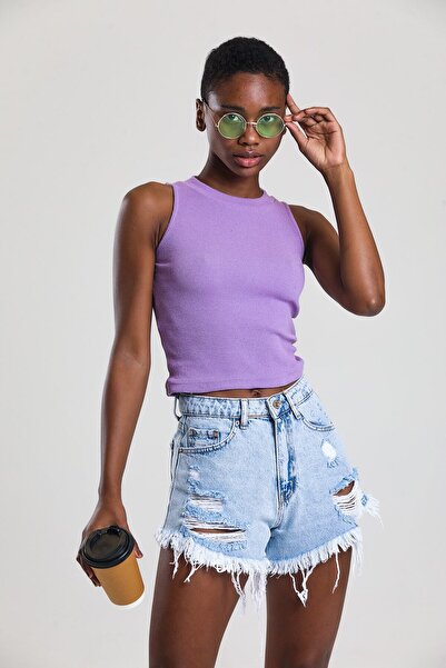 Feyece Women's Halter Neck Ribbed Crop Blouse