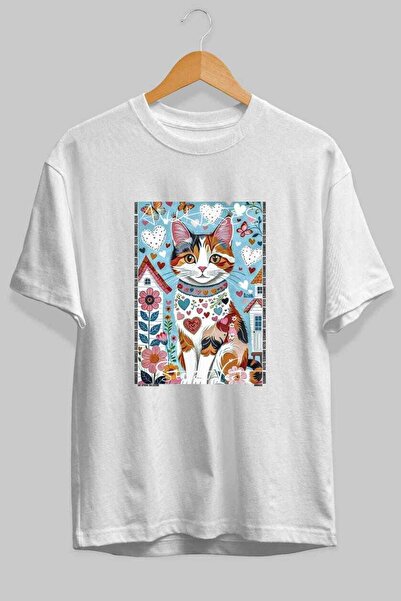 Ankhises T-shirt  "For the Love of Cats " με στάμπα γάτας, λευκό, oversized, ...