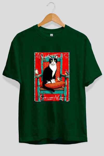 Ankhises For the Love of Cats 69 Front Cat Printed Green Oversize T-Shirt 100...