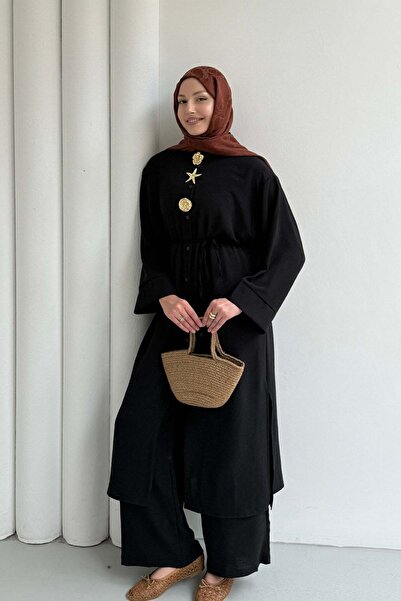 Modaensarbutik Boydan Düğmeli Tunik Pantolon Tesettür Takım-SİYAH