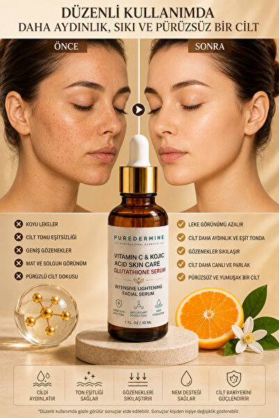 Puredermine Vitamin C & Kojic Acid Serum Cilt Aydınlatıcı Koyu Leke Görünümü ...