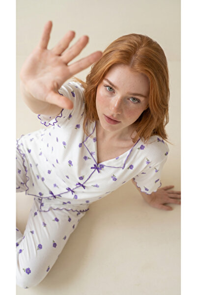Arzey White Floral Patterned Viscose Pajama Set with Bow Detail