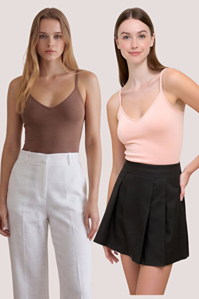 Loule Tricou de bază pentru femei, 2 piese, din bumbac și modal, cu bretele ș...