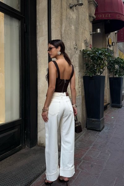 MEECY Women's Ecru Wide Leg Jean Trousers with Stitching Detail