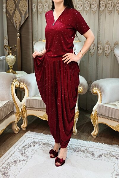 bizim butik Kadın Kırmızı Taşlı Arnavut Şalvar Takımı. Standart Beden 50 Kilo...