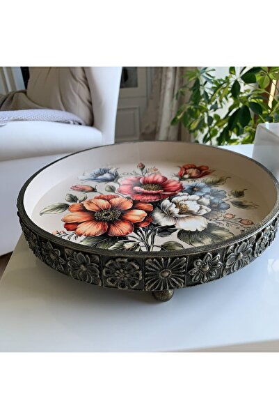 DERYA DESİNG ART Floral Patterned Hand Painted Wooden Tea-Coffee Tray, Presen...