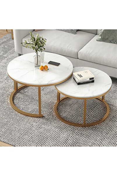 luxino Round Marble Top Coffee Table Set of 2 Elegant Gold Metal Base Nesting...