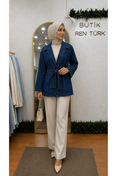 YAREN CLARA Dark Blue Belt Detailed Denim Jacket Yrn-61