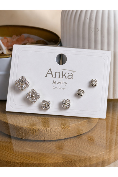 ANKA JEWELLRY طقم أقراط نسائية من الفولاذ مرصعة بحجر الزركون الفضي على شكل ور...