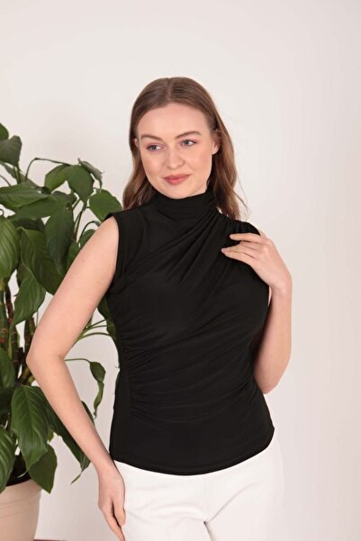 ELAY Fashion بلوزة نسائية سوداء بدون أكمام بياقة هاكيوم