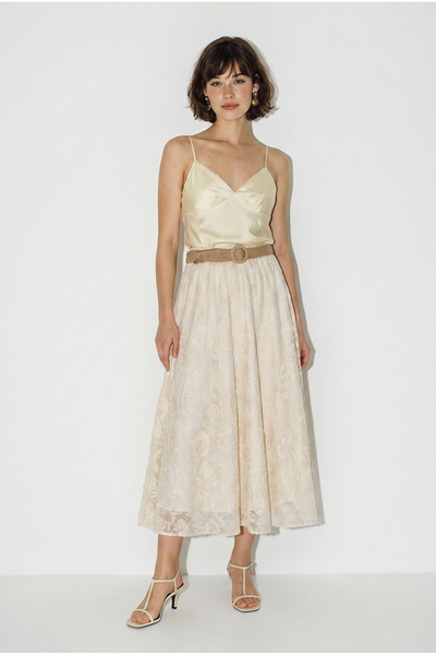 Bianco Lucci Women's Straw Belt Detailed Süzene Embroidered Lined Midi Skirt ...