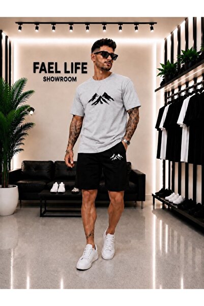 FAEL LİFE Unisex Wide Cut T-Shirt and Shorts Set with Mountain View Print