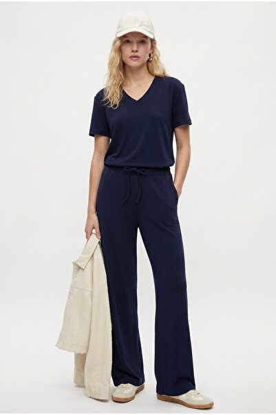 Ritnice Women's Elya Modal Touch V-Neck Elastic Waist Pocketed Navy Blue Top ...