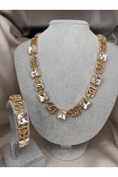 ZS Aksesuar Gold Renk Kristal Taşlı Kolye ve Bileklik Seti – Şık Zincir Detay...